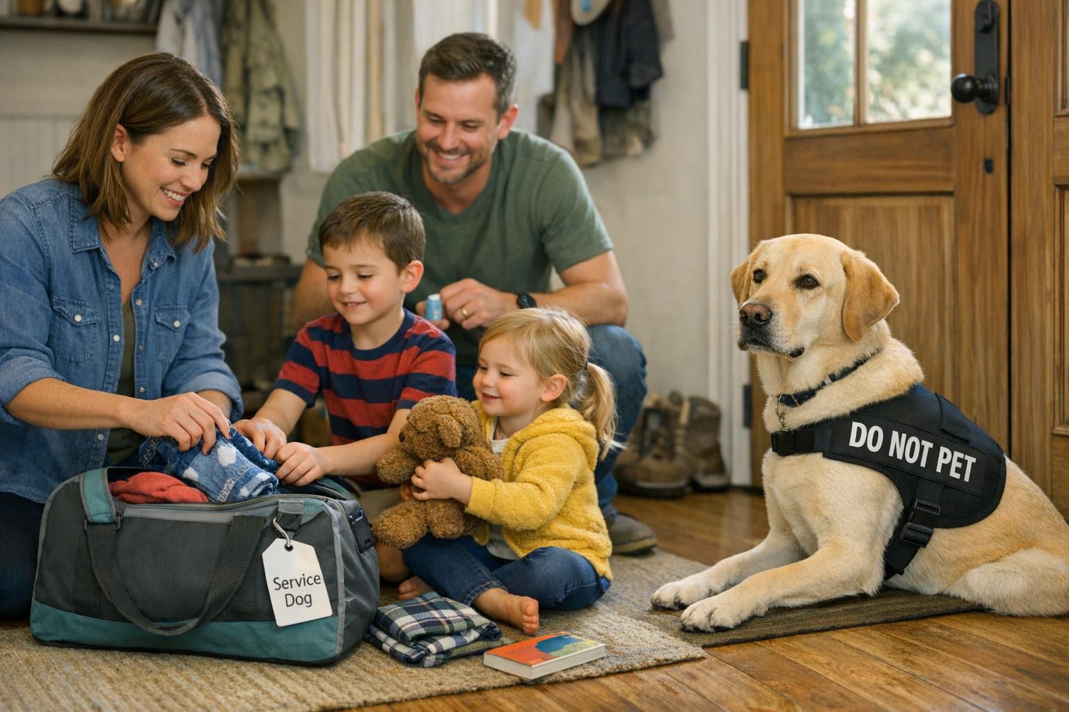 An entryway scene with a family packing a small travel bag while a service dog waits nearby wearing travel identification, showing readiness for an overnight trip.