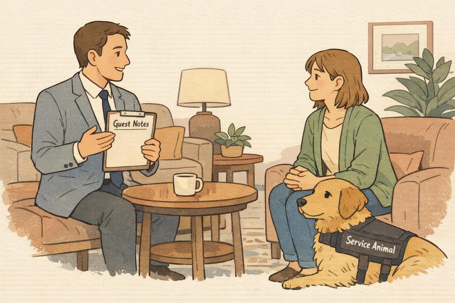 A hotel manager consults with a handler in the seating area while a service dog sits calmly and staff take notes on a clipboard.