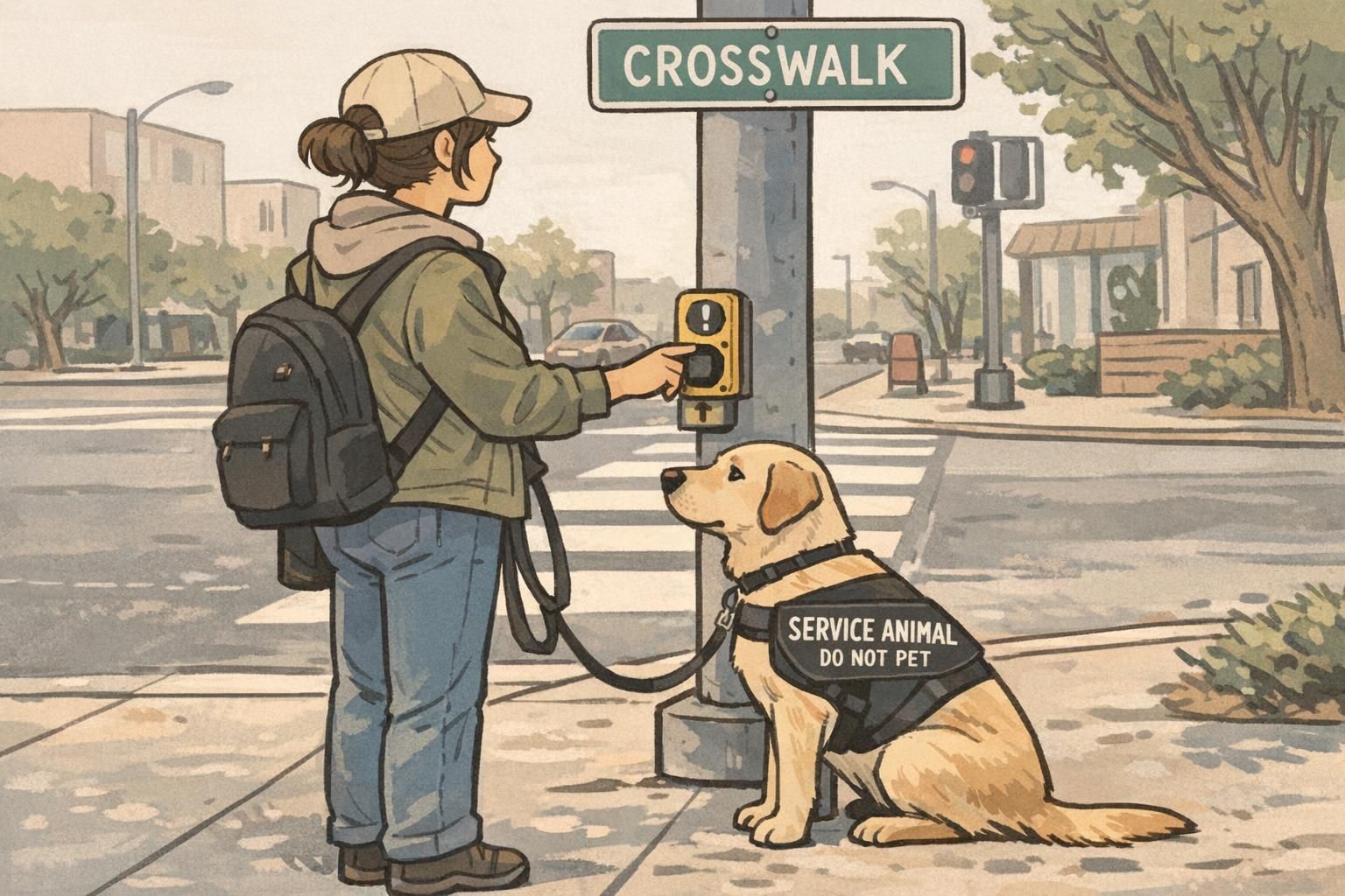 A service dog sits focused beside a handler at a crosswalk button on a public sidewalk, showing public-access training, calm focus, and pedestrian safety.