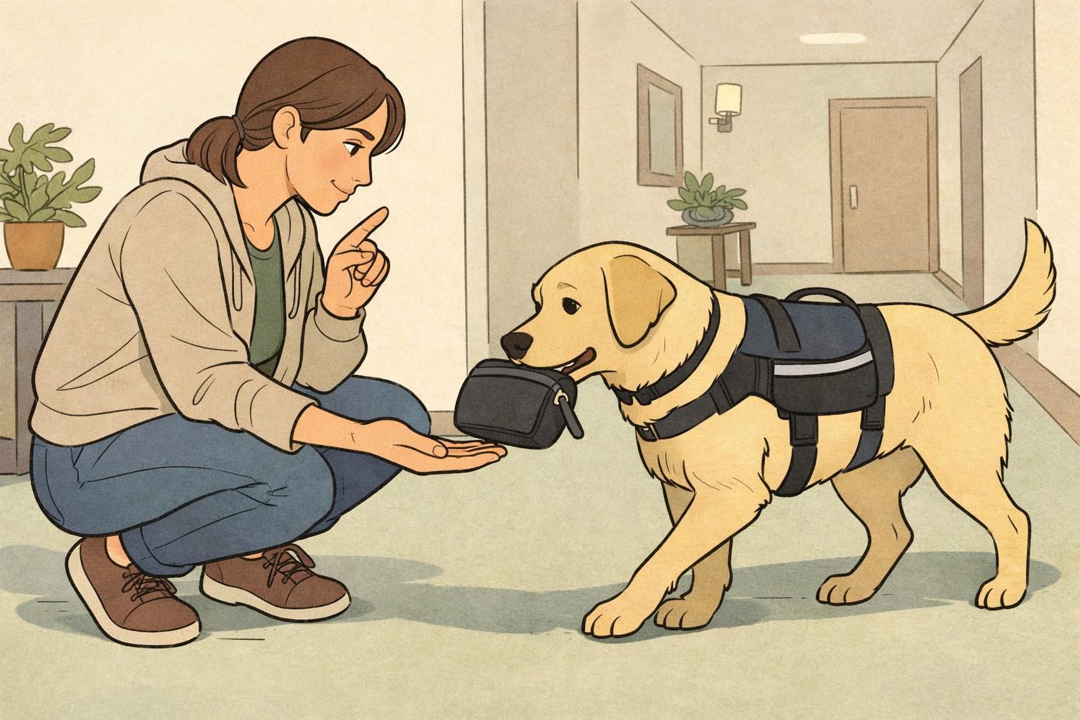 In a calm hallway, a service dog retrieves a small pouch from the floor and places it gently into the handler’s hand on cue.