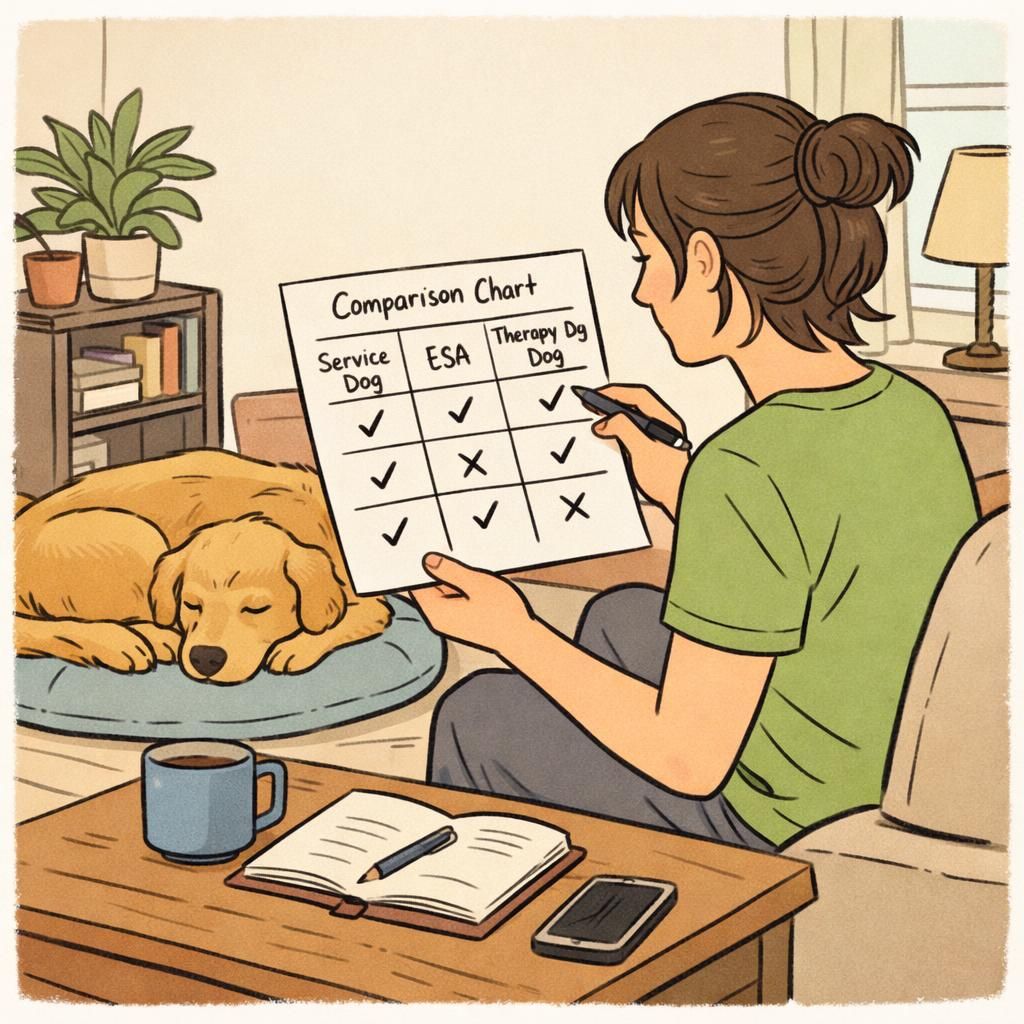An adult handler sits at a kitchen table reviewing a clear checklist that distinguishes service dog and support animal roles while a calm dog rests at their side.