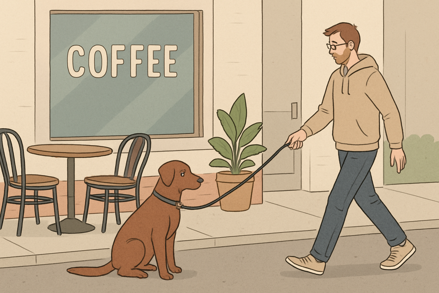 Training moment outside a coffee shop patio showing the handler creating distance while the service dog reorients and focuses back attentively.