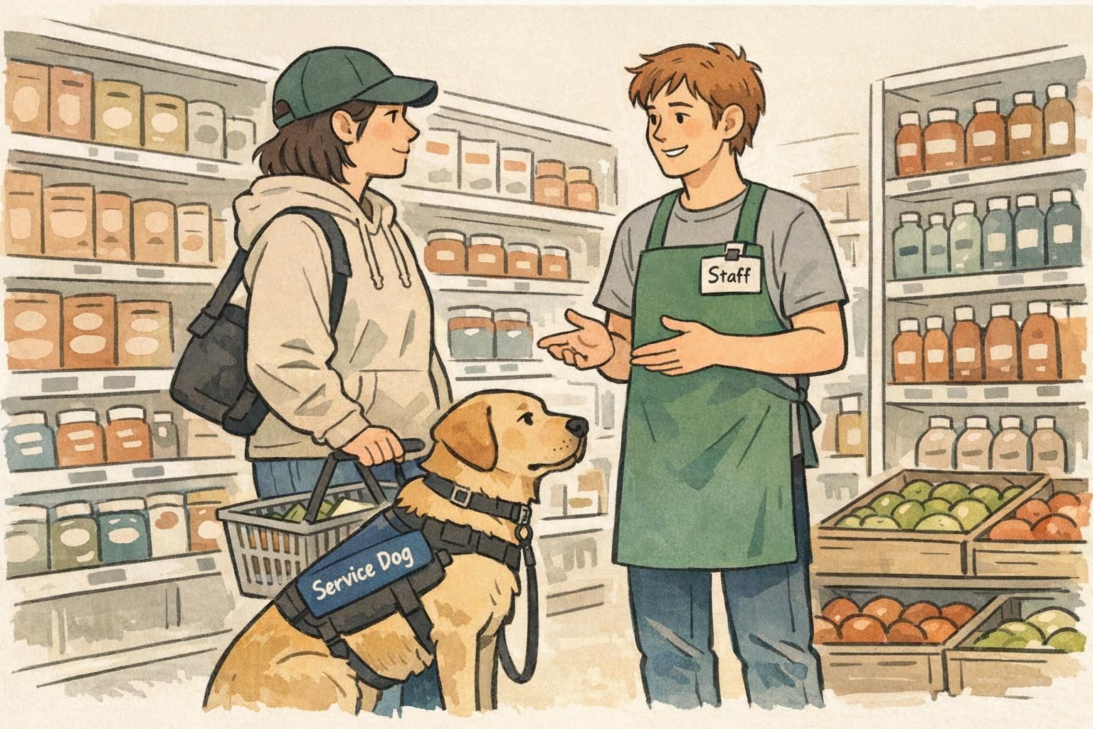 A respectful interaction in a grocery store aisle: a handler with a focused service dog in a visible Service Dog vest speaks briefly with an employee wearing a staff badge.
