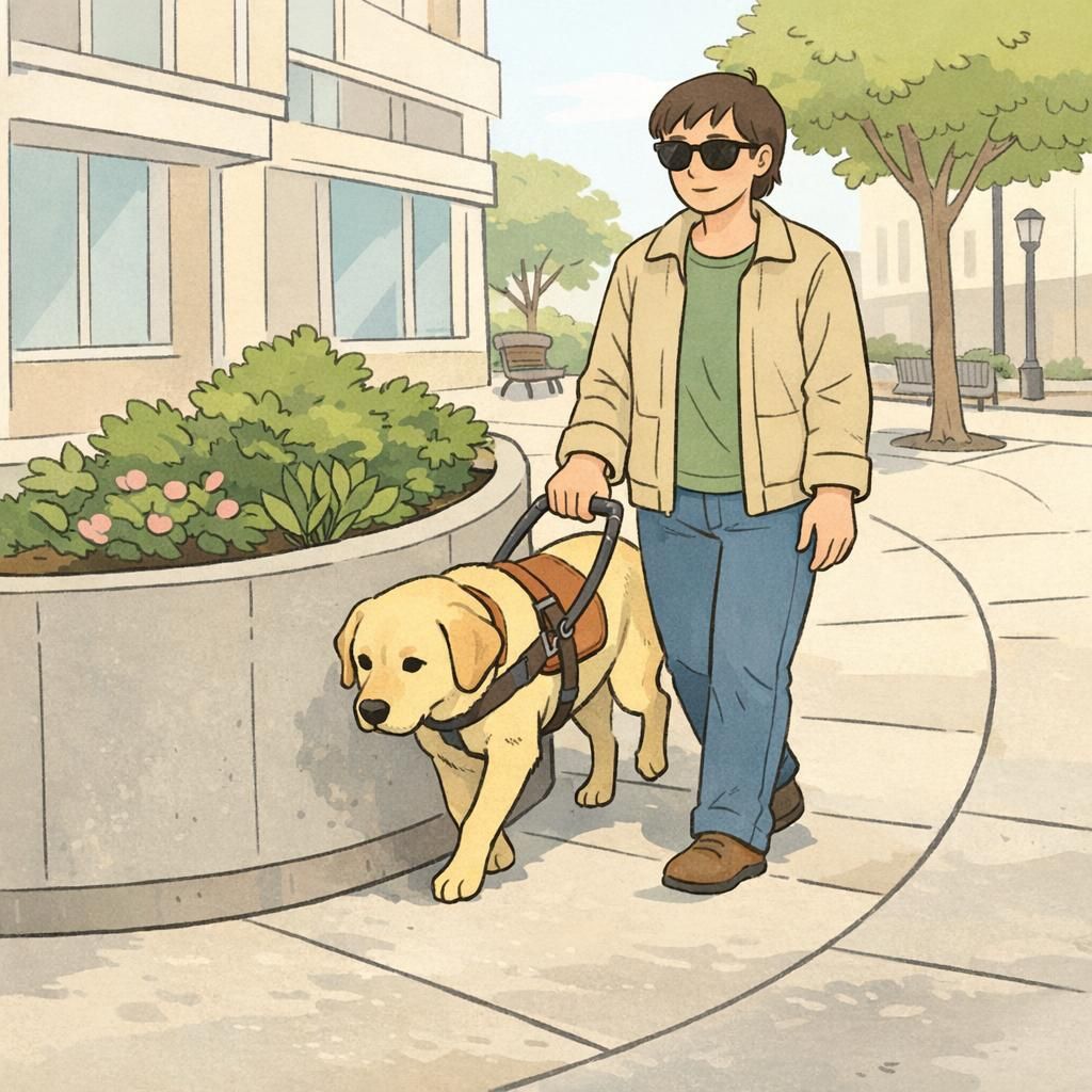 A guide dog leading a blind adult handler along a clear city sidewalk while the handler holds the harness handle and the team navigates around a planter.