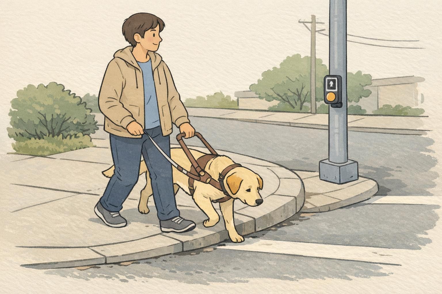 A harnessed guide dog leads an adult around a curb on a quiet sidewalk, demonstrating safe navigation and obstacle awareness during a street crossing.