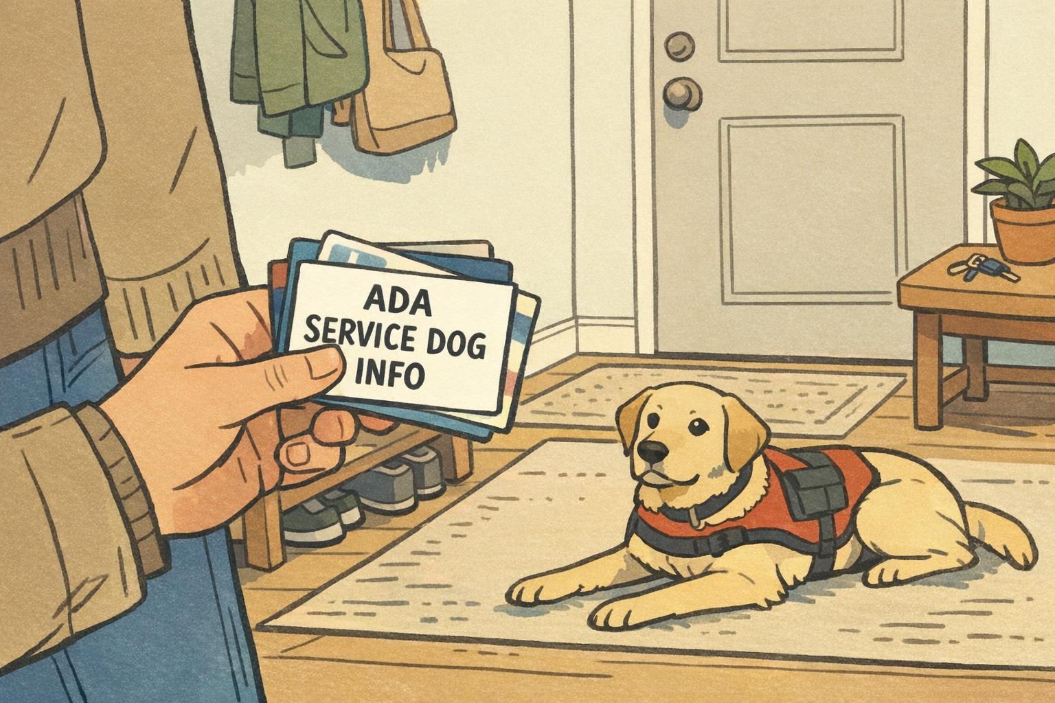 A handler holds compact identification cards while a service dog stays in a down position in a calm entryway, showing everyday ID and confidence tools.