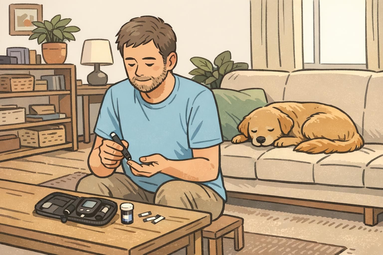 Person calmly checking blood sugar at home while a relaxed companion dog rests nearby on a couch in a tidy living room.