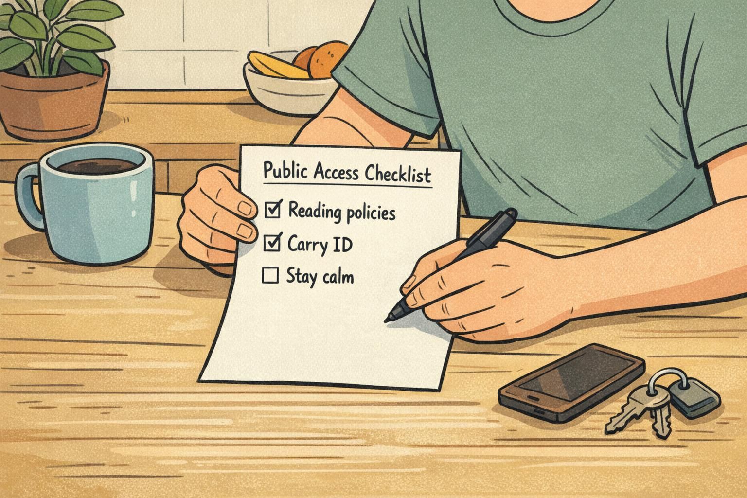 A kitchen table checklist titled for public access preparation, with a handler reviewing steps like carrying ID and staying calm before outings.