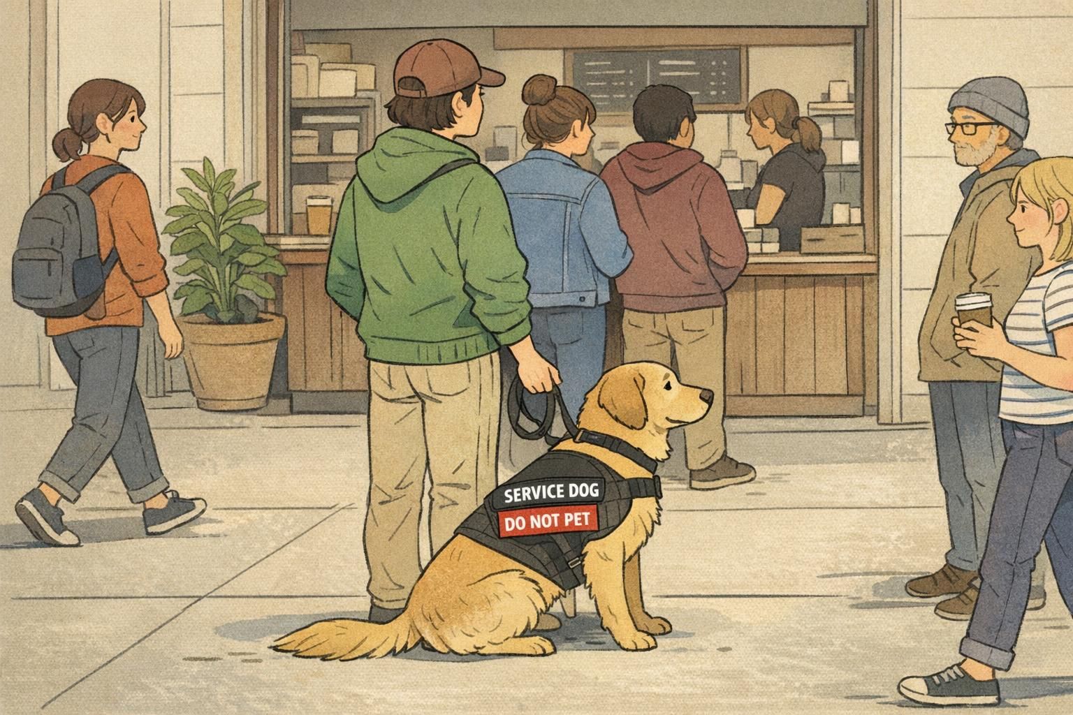 A handler waits in a sidewalk coffee shop line with a service dog wearing visible role and boundary patches while nearby pedestrians give them space.