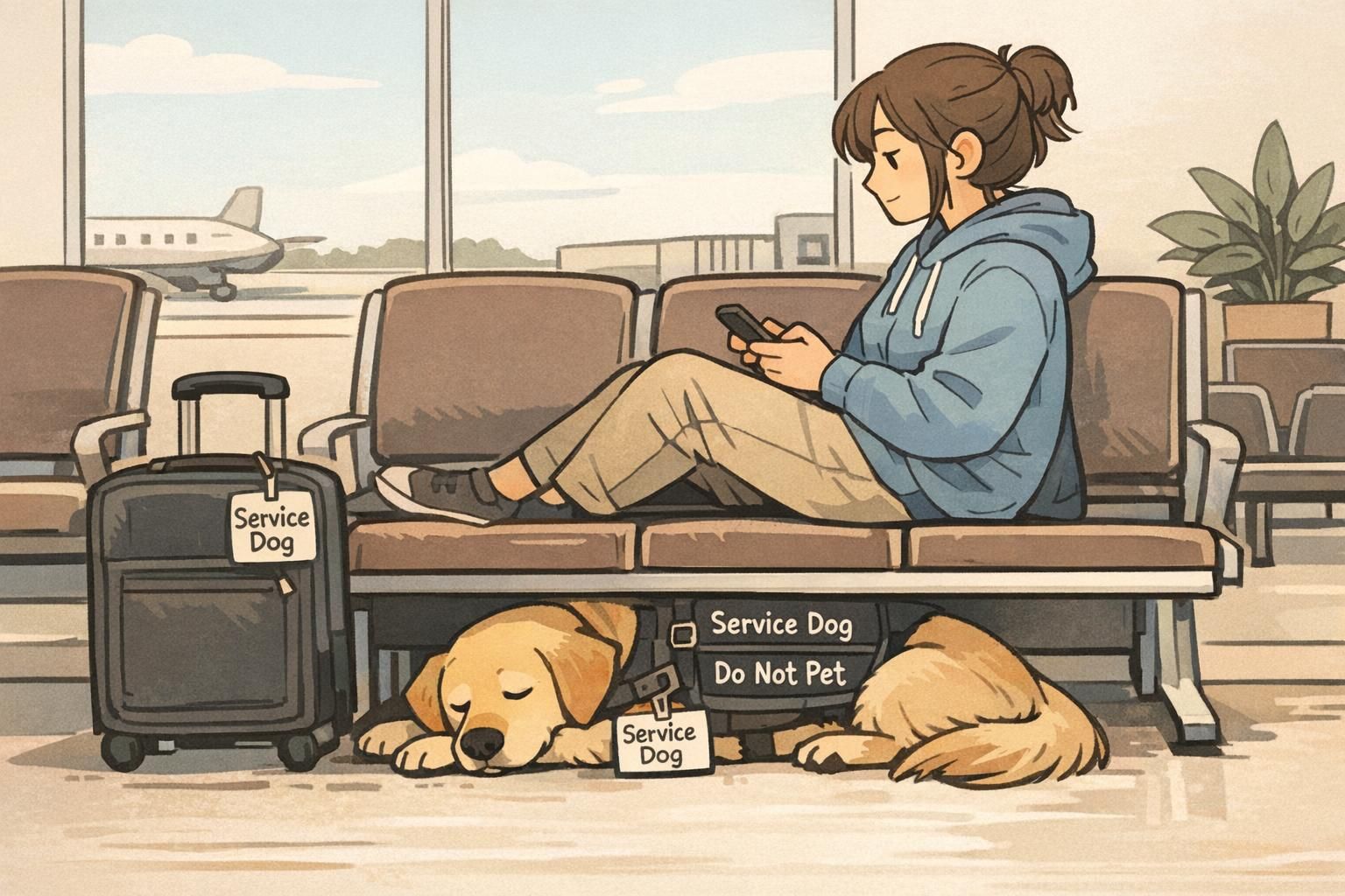 A traveler sits in a quiet airport waiting area while a service dog rests in a relaxed down-stay under the bench, wearing a labeled luggage tag for travel clarity.