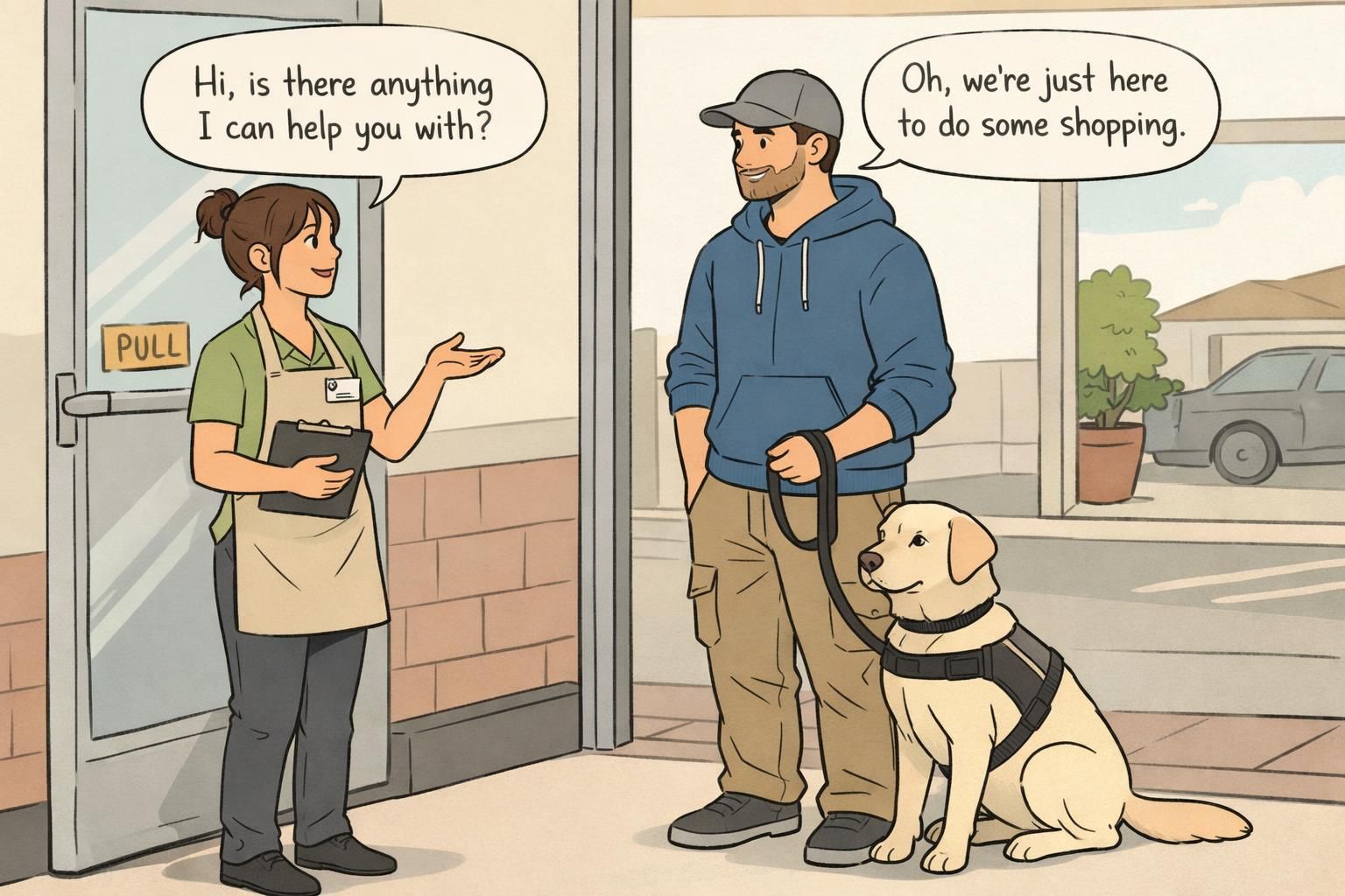A courteous interaction at a store entrance where staff ask a brief question and the handler responds while the dog sits quietly, modeling a calm check-in moment.