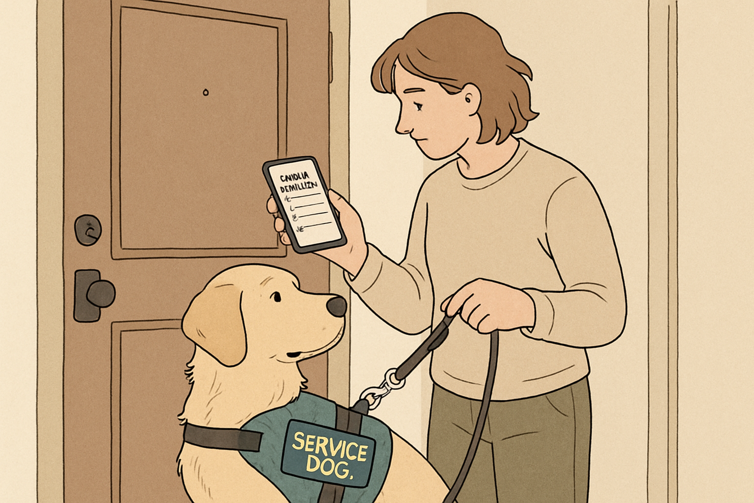 Person at a home doorway checking a short outing checklist on a phone while clipping a leash onto a vested working dog.
