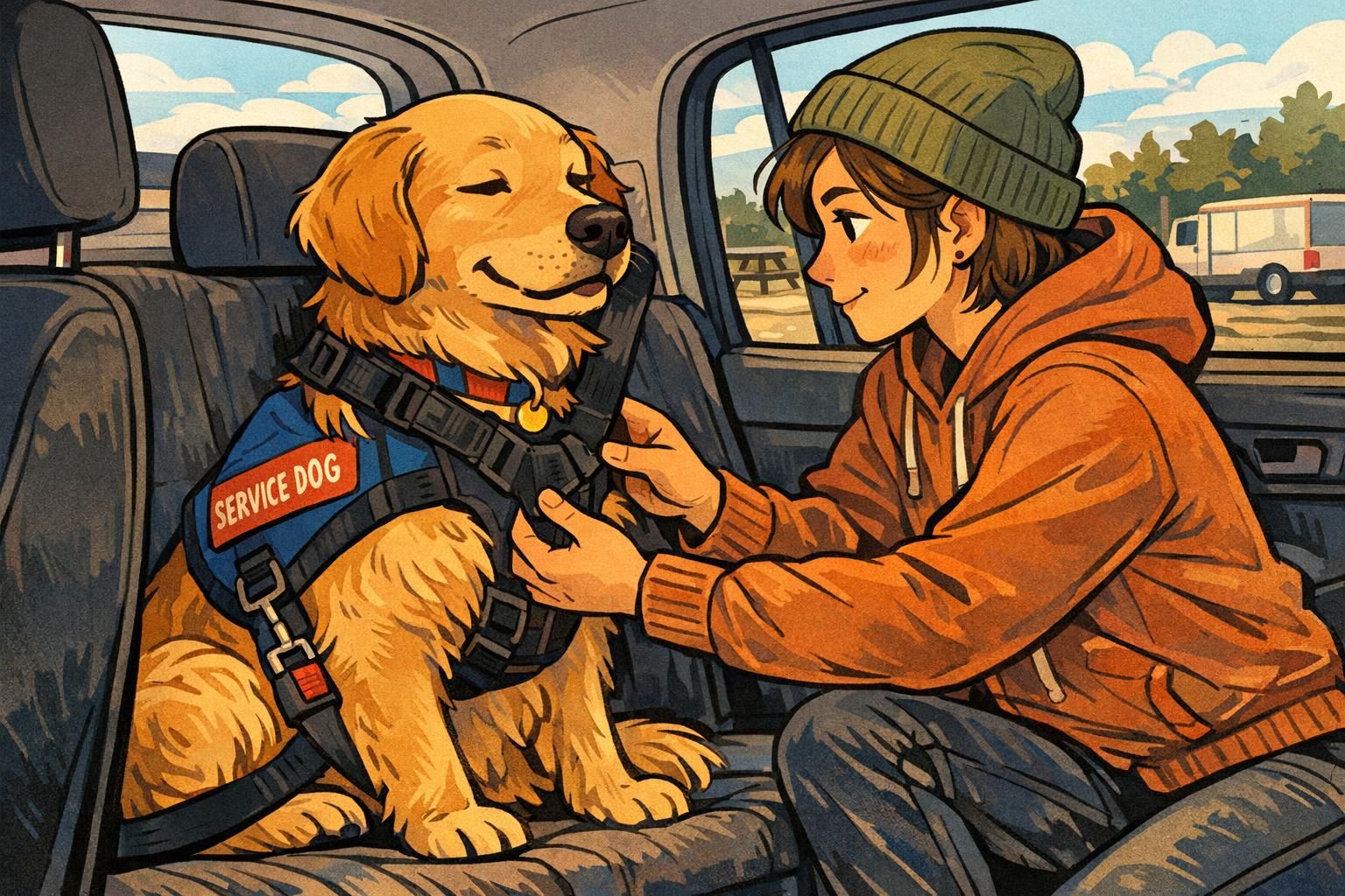 View of a parked car interior showing a service dog secured by a crash-tested harness while the handler checks the harness fit at a rest stop.