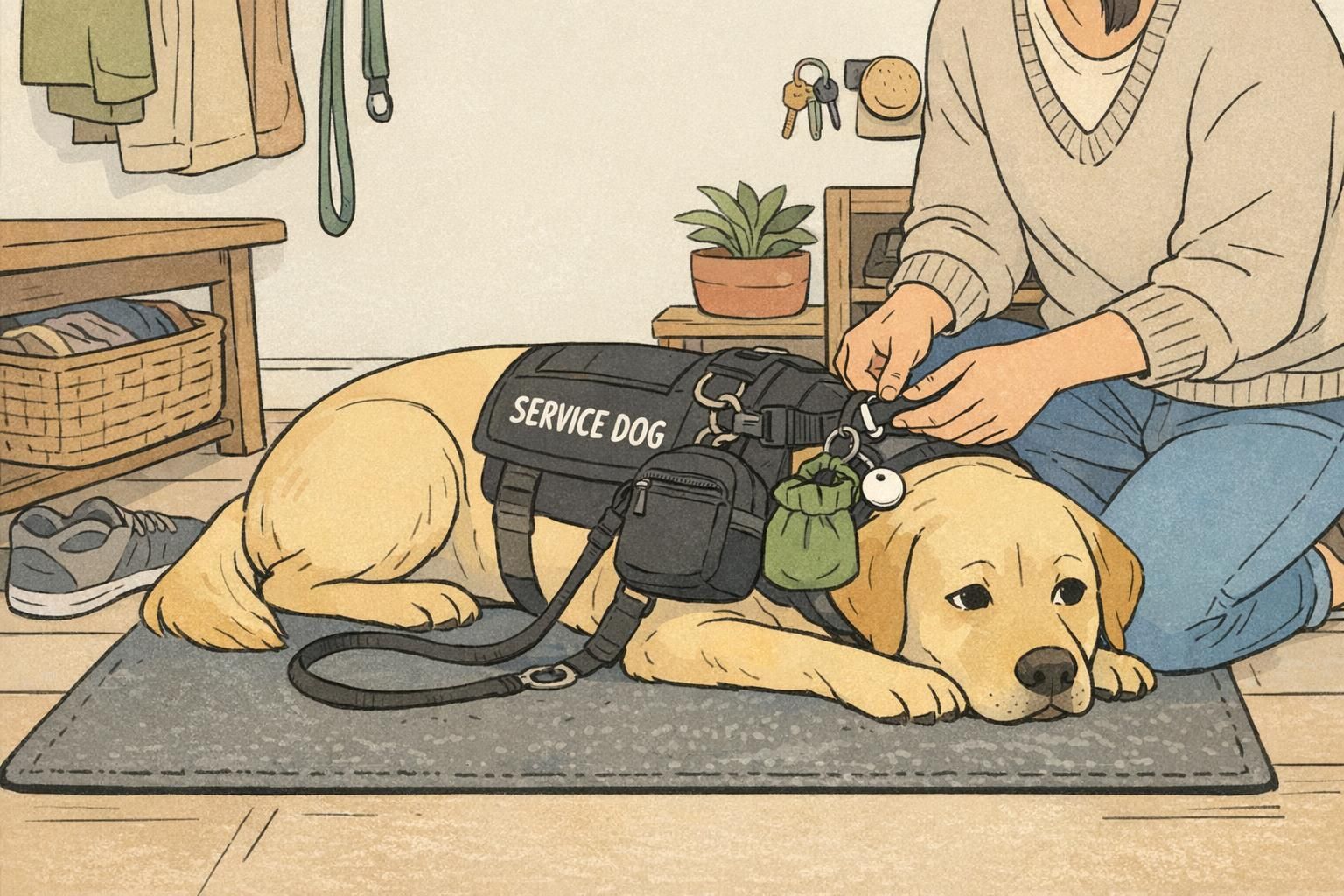 An organized entryway with a large service dog resting on a mat while an adult packs a treat pouch, clip-on accessory bag, and tracker onto the harness.