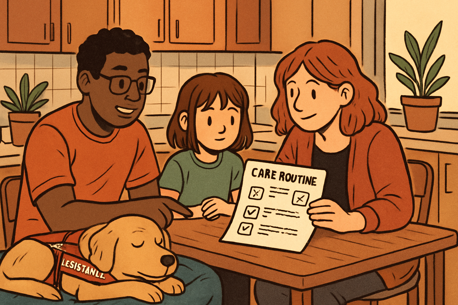 A family reviewing a simple care and training routine at a kitchen table while the assistance dog rests nearby, emphasizing consistent household support.