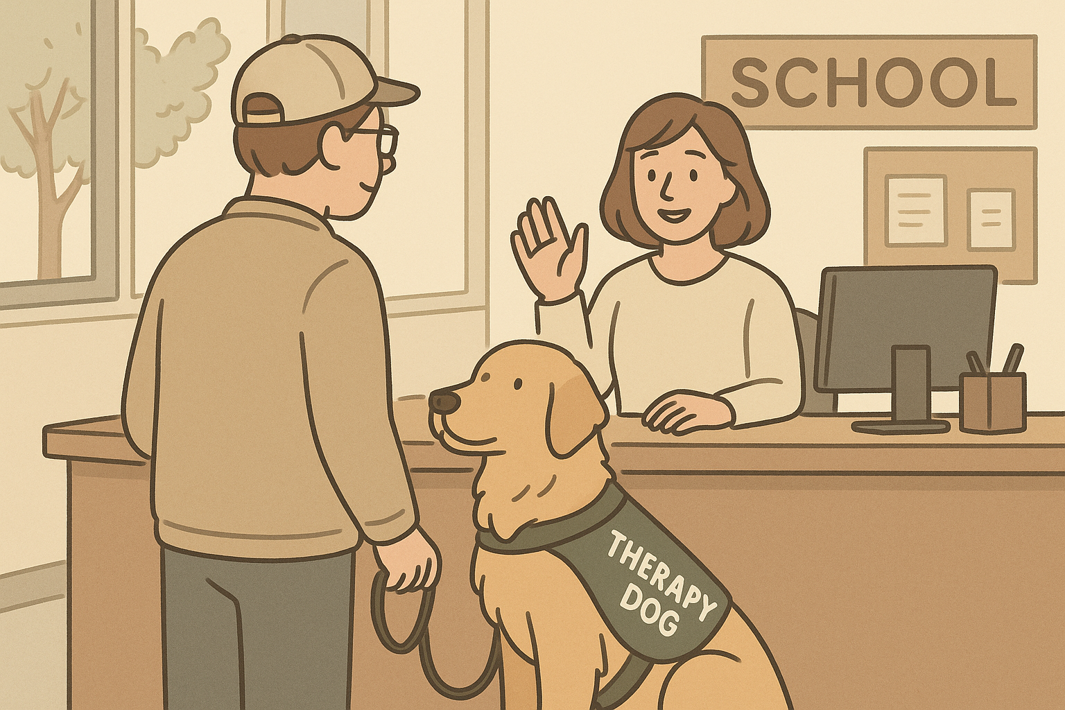 Therapy dog and volunteer greeted at a school reception desk, demonstrating calm temperament and an invited visit for student support.