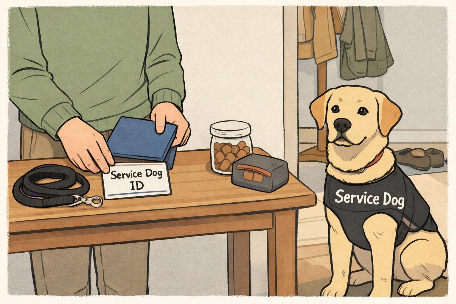 Handler organizes a travel folder and a service dog ID card on an entryway table next to a leash and treats while the service dog sits calmly nearby, showing preparedness for travel.