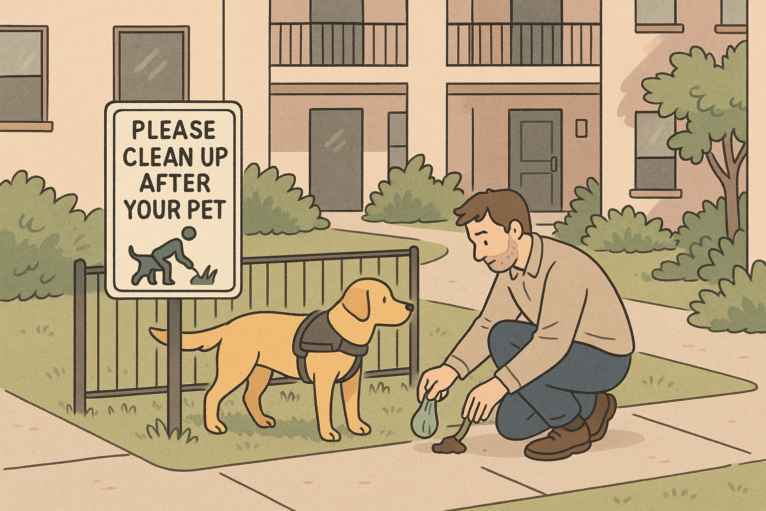 A tenant uses a waste bag to clean up after an assistance dog at a fenced relief area in an apartment complex, showing compliance with sanitation rules.