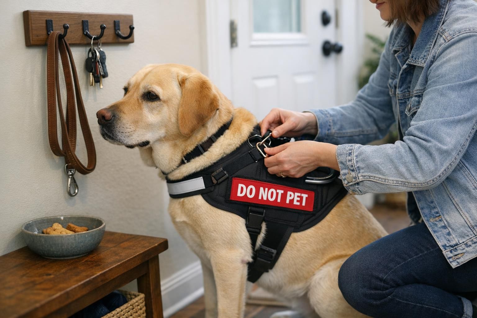 Home entryway scene where a handler fastens the harness on a guide dog beside a leash hook and small bowl, preparing to go out.