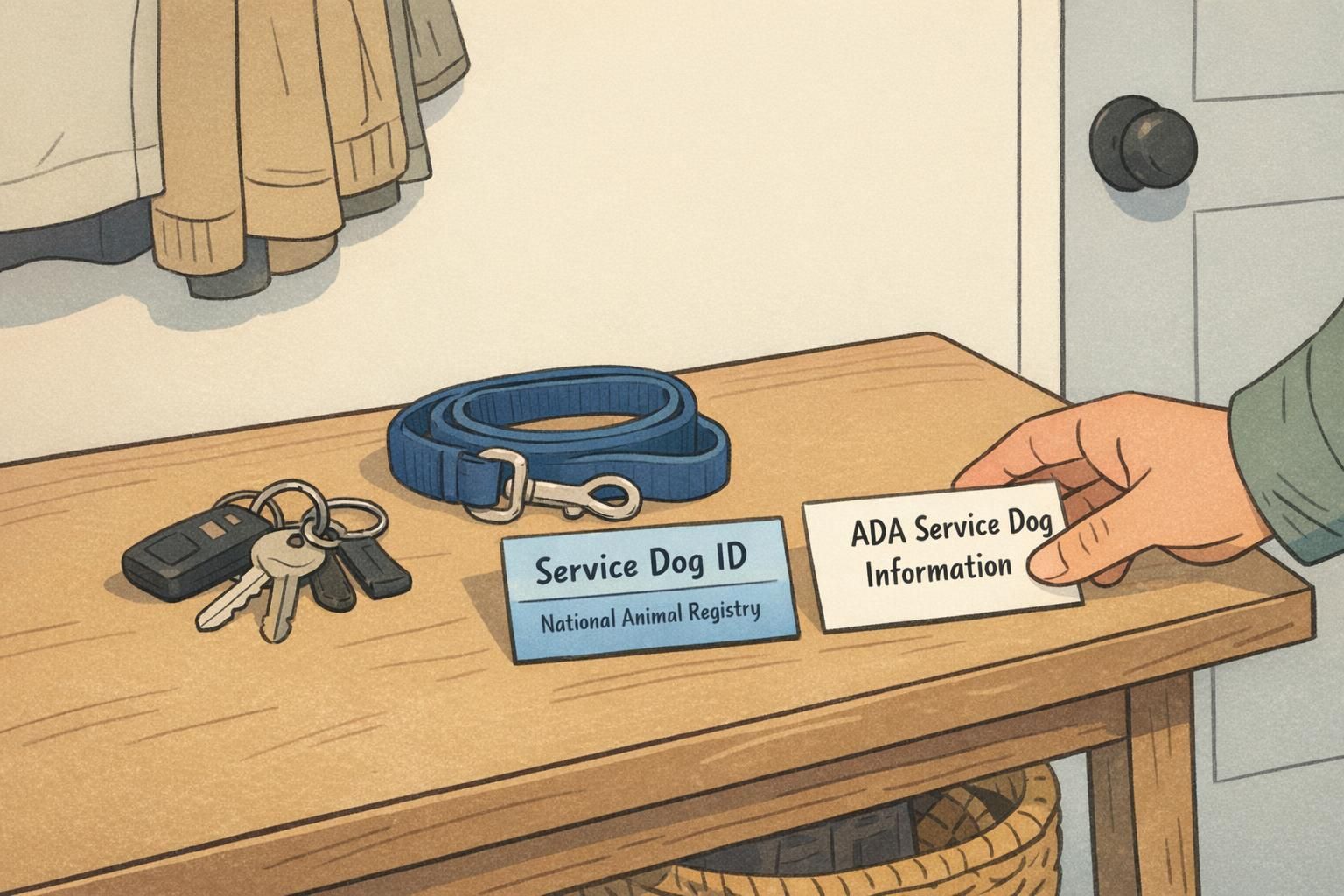 Home entryway scene showing a person organizing keys, a leash, and a compact identification card to prepare for an outing with a service dog.