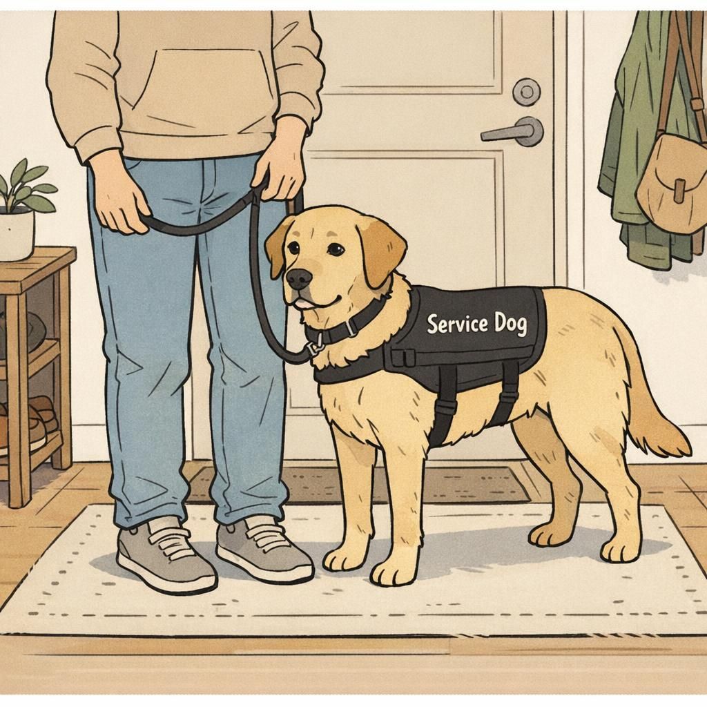 A handler gently holds a service dog’s leash in a quiet home entry as the calm adult dog stands beside a clearly labeled service vest, preparing to go out.