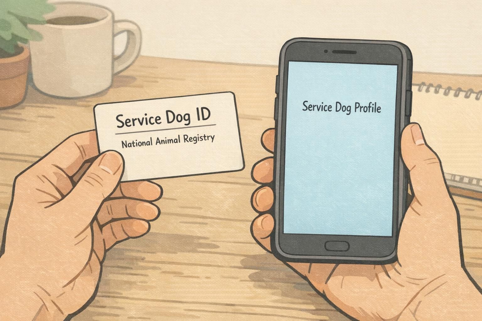 Close-up of hands holding a simple service dog ID card next to a phone showing the dog's digital profile, illustrating easy identification for travel and public access.