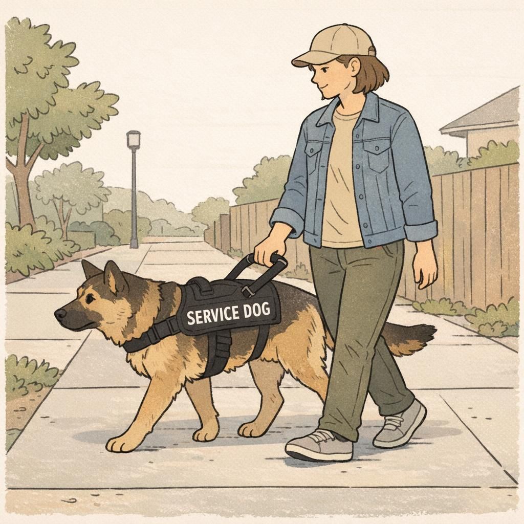 An adult handler walks a large service dog on a sidewalk wearing a fitted working vest and a sturdy harness with a short handle in calm daylight.