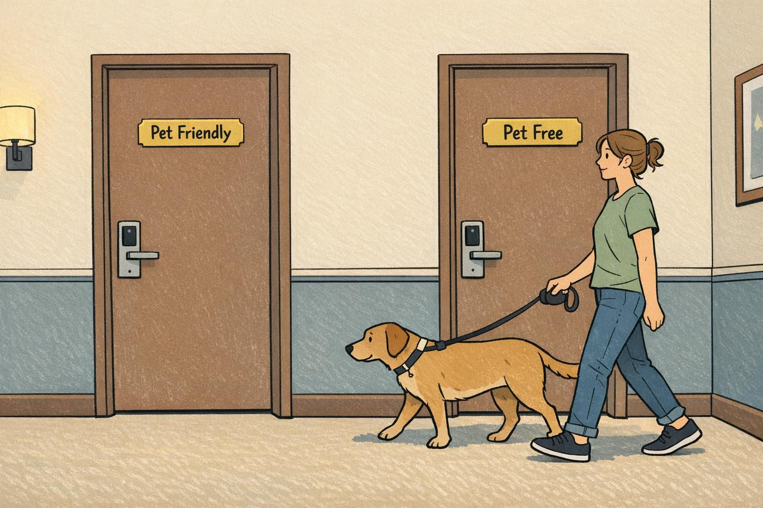 A guest walks a leashed dog past two hotel doors labeled Pet Friendly and Pet Free, showing how policies can differ even within the same property.