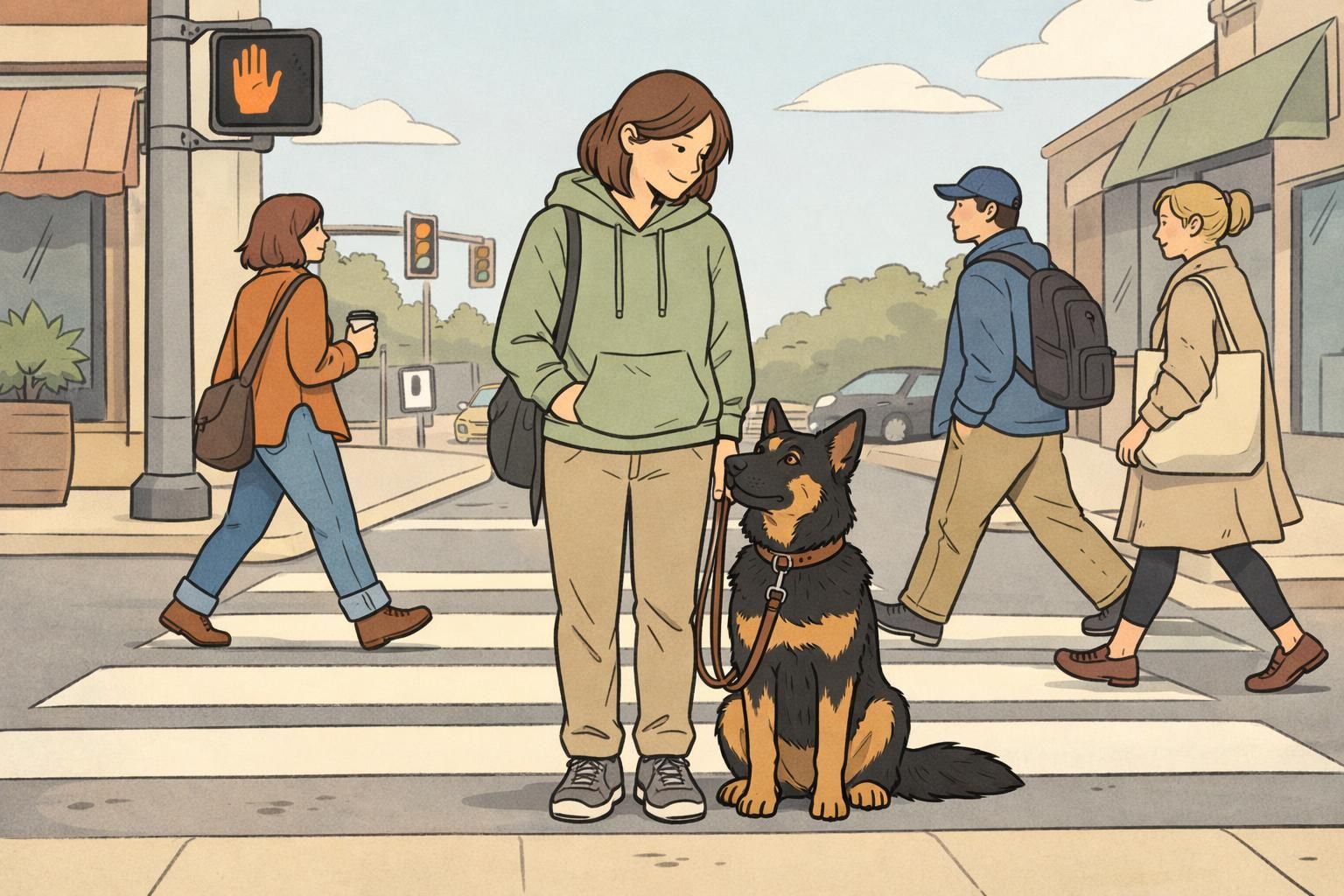 Handler guiding a service dog in a close heel position at a busy crosswalk while pedestrians pass at a safe distance.