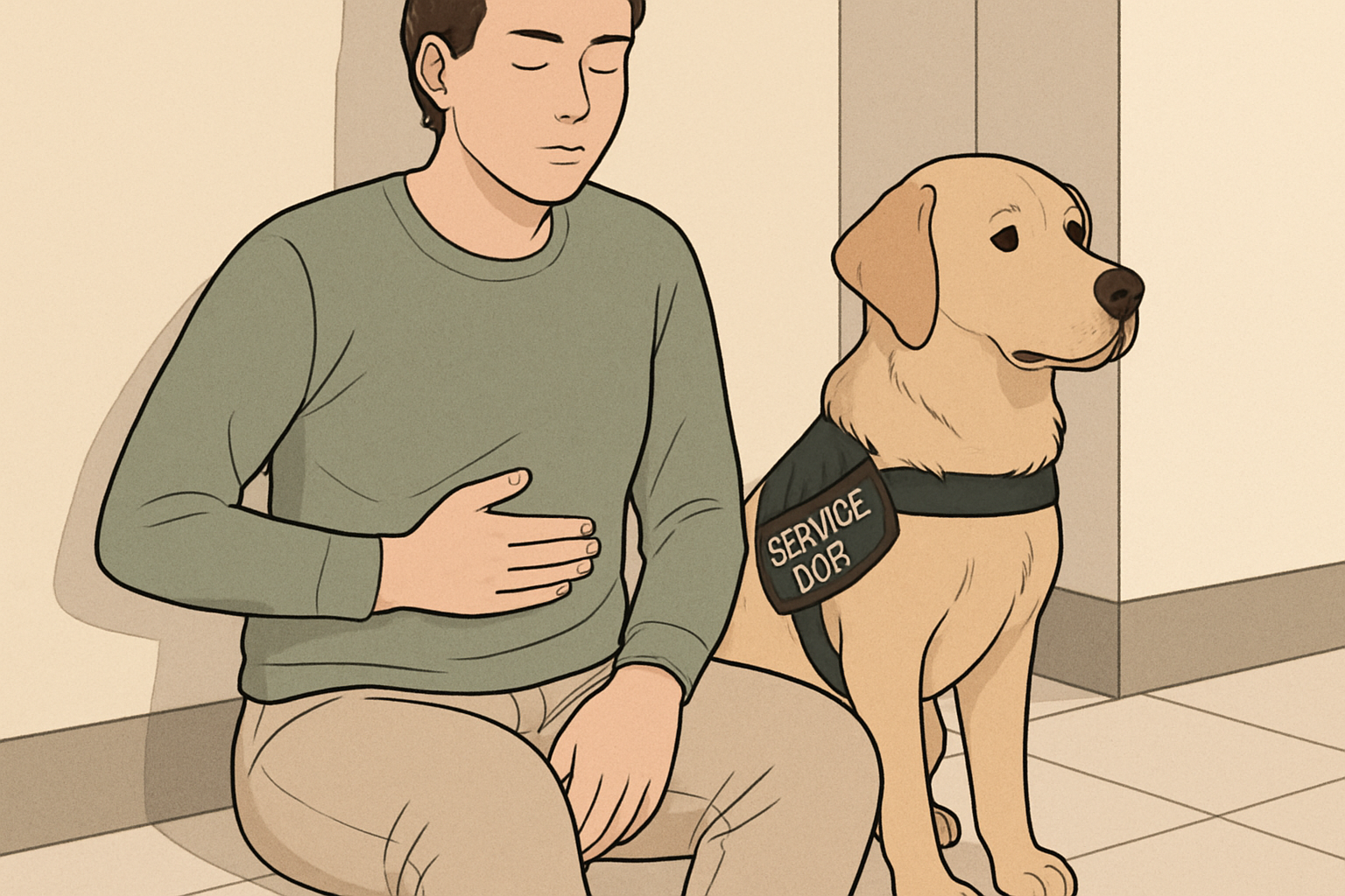 Close-up of a handler using a discreet grounding touch on the abdomen for slow breaths while the service dog sits calmly beside them.