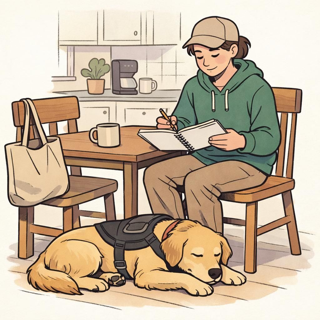 An adult reviews a training notebook at a kitchen table while a calm service dog lies quietly at their feet, preparing to head out for practice.