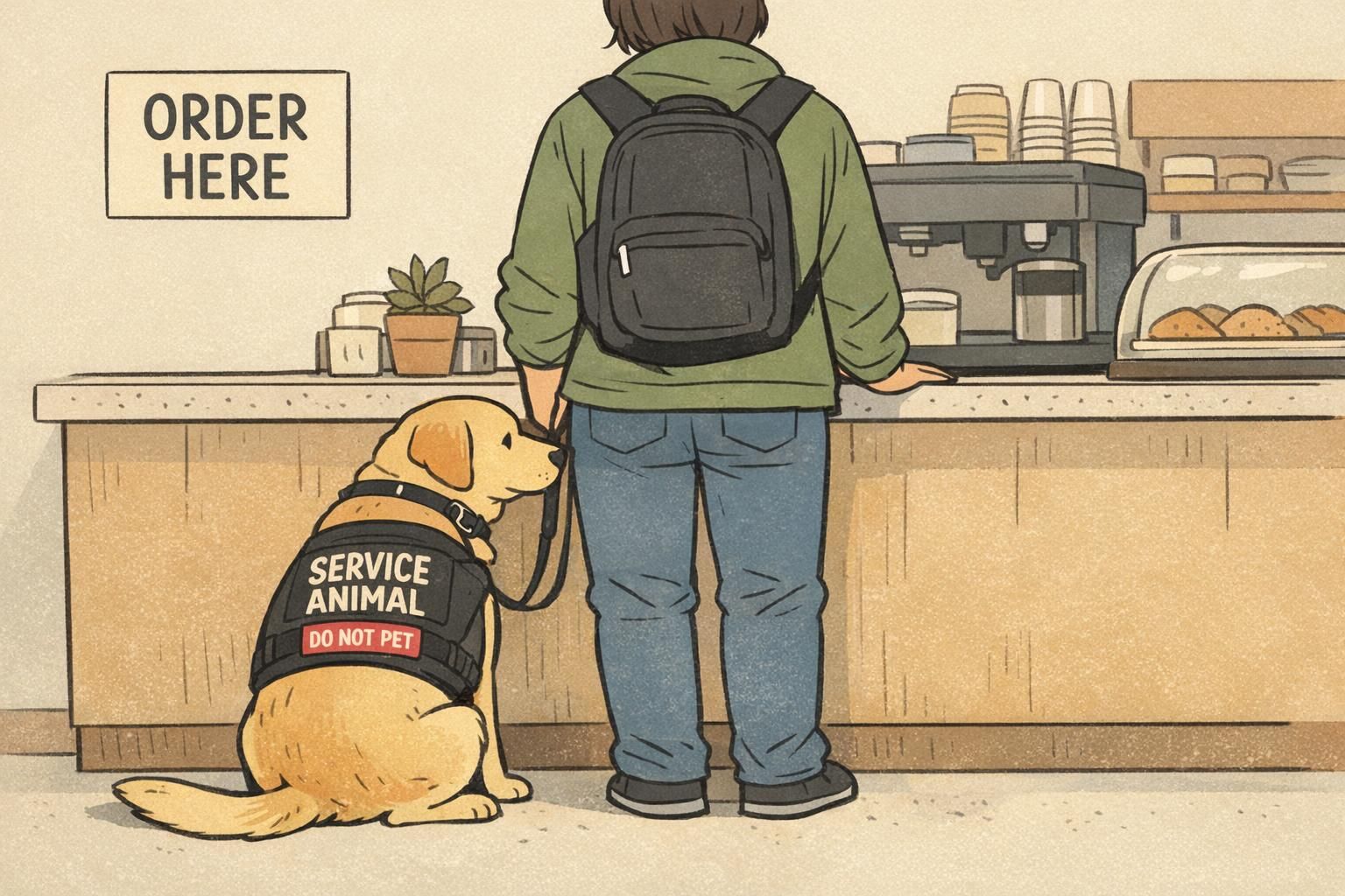 A handler and their service dog at a quiet café counter; the dog stays tucked at the handler’s side wearing a service-animal vest for calm public outings.