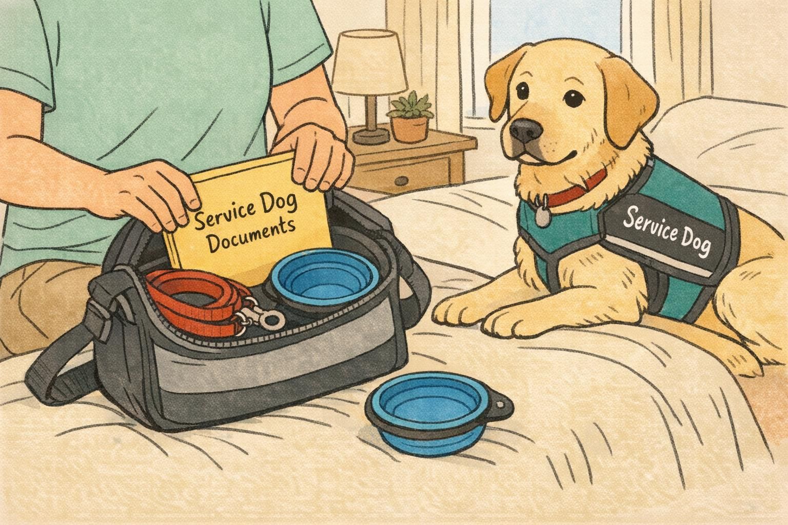 Travel-prep moment at home: a handler packs a small bag with leash, collapsible water bowl, and a folder of Service Dog documents while the dog waits nearby in a vest.