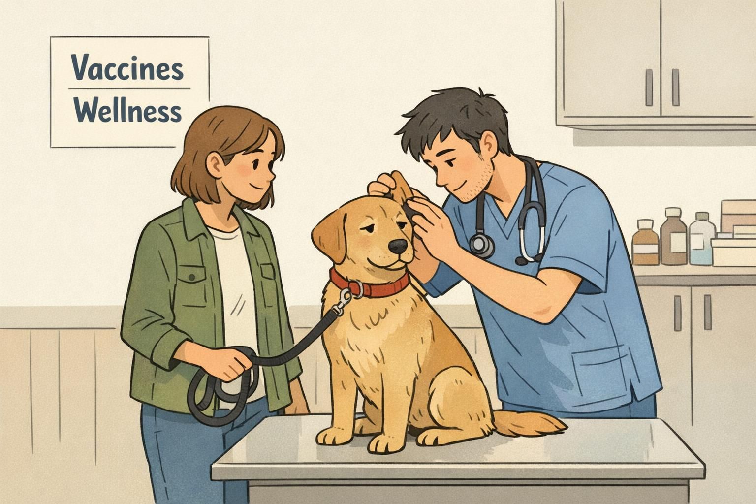 A veterinarian gently examines a calm dog on leash in an exam room, highlighting routine health checks and preventive care important for ESA wellbeing.