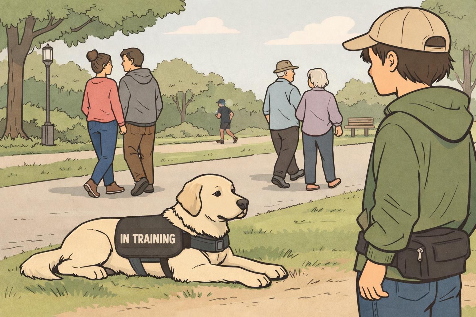 A handler practices a down-stay in a park while pedestrians pass at a respectful distance, showing training for public distraction-proofing.