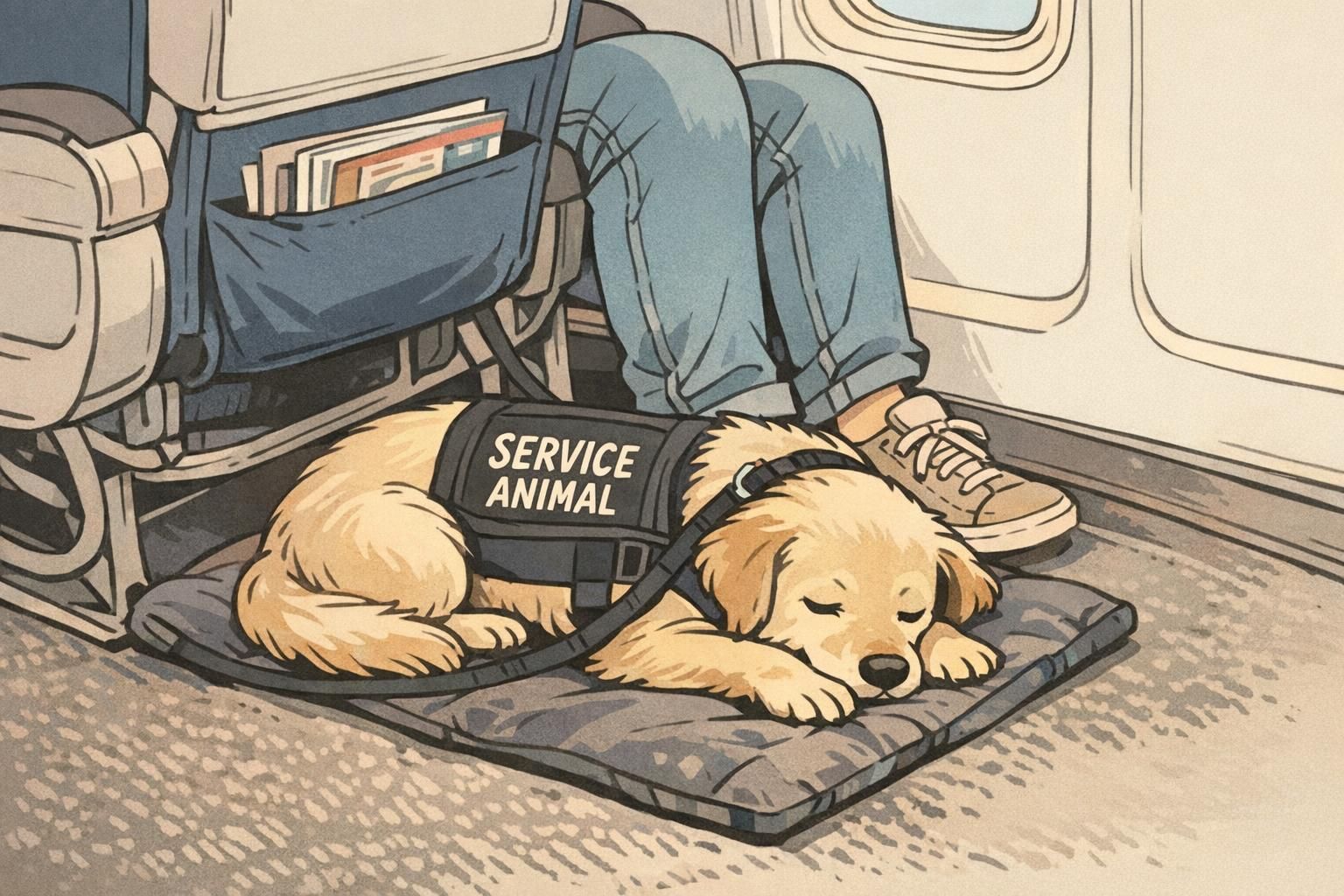 Inside an airplane cabin a service dog lies settled at its handler's feet on a compact travel mat during a flight.