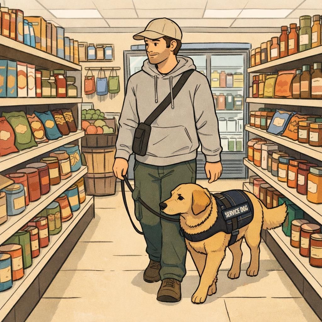 A service dog walking close beside its handler down a narrow grocery aisle, focused on the handler and ignoring nearby distractions.