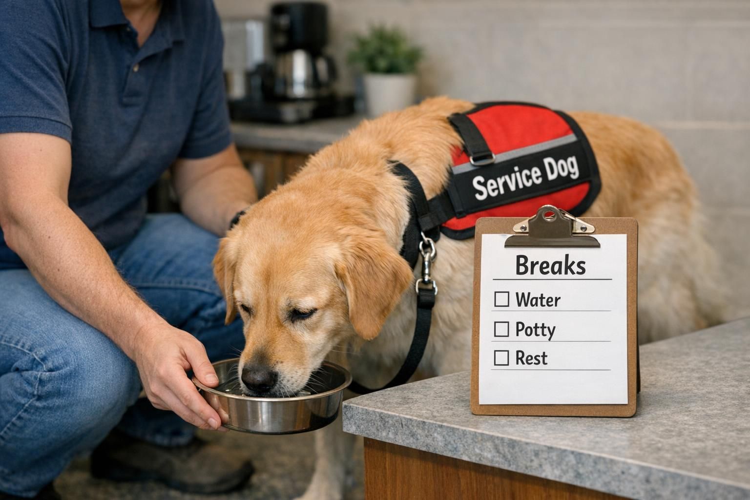 A break area where a handler gives water to a resting service dog and a simple checklist is visible on the counter for care tasks.