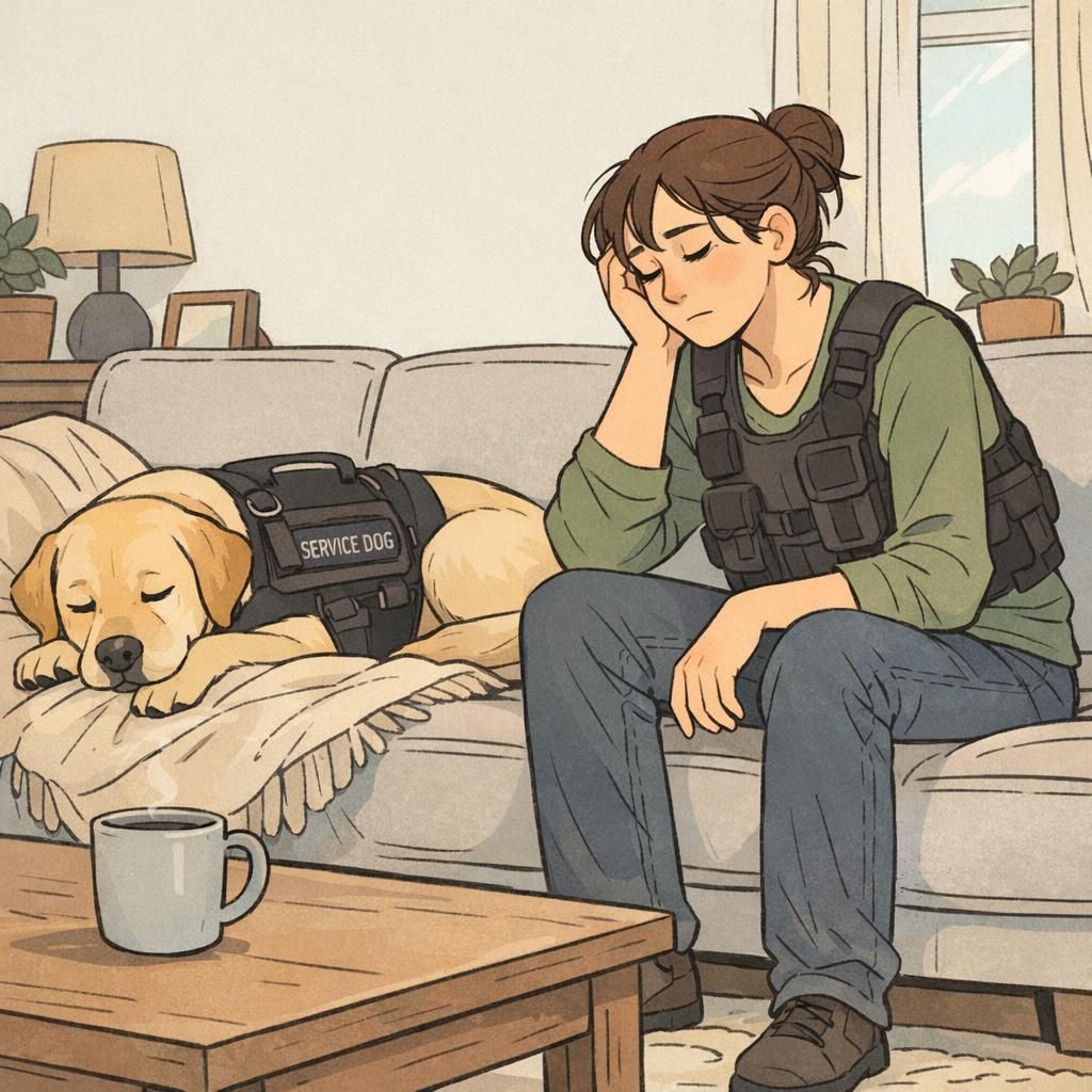 A tired adult service dog handler sits on a living room sofa looking fatigued while their calm service dog rests nearby, conveying quiet companionship and burnout.