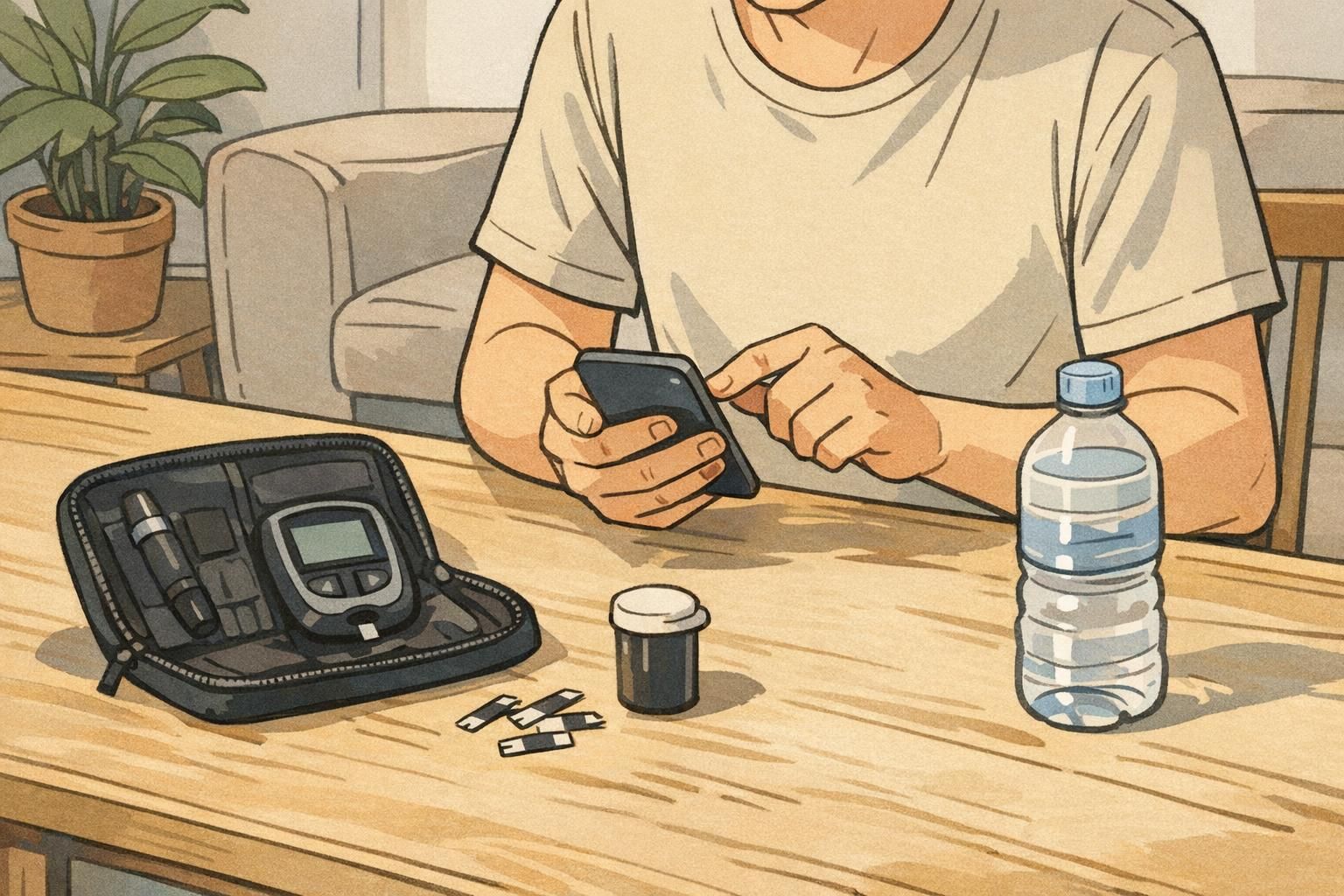 Person setting a smartphone reminder while organizing a small diabetes kit on a table including a glucose meter and water bottle.