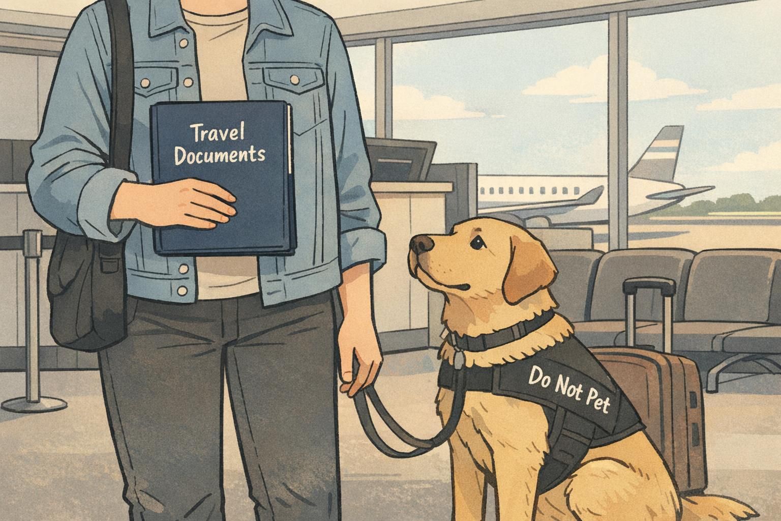 A traveler at a boarding gate holding a compact folder of travel documents while a service dog sits attentively at their side.