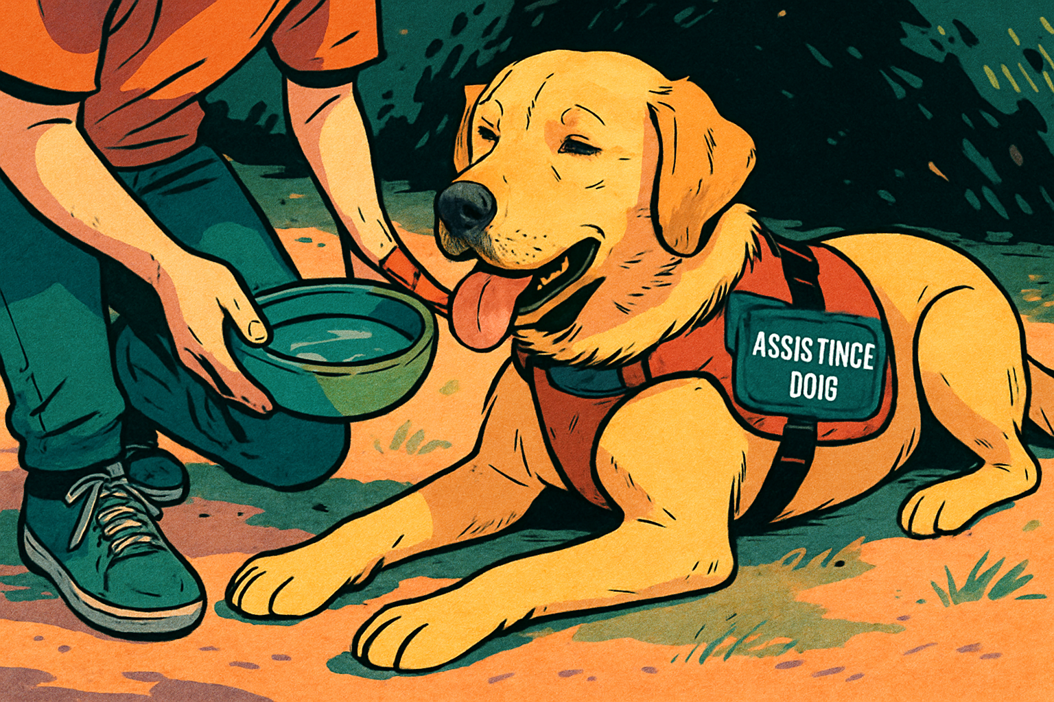 Close-up of a handler offering a water break and shade to an assistance dog during a public outing, illustrating proactive welfare management.