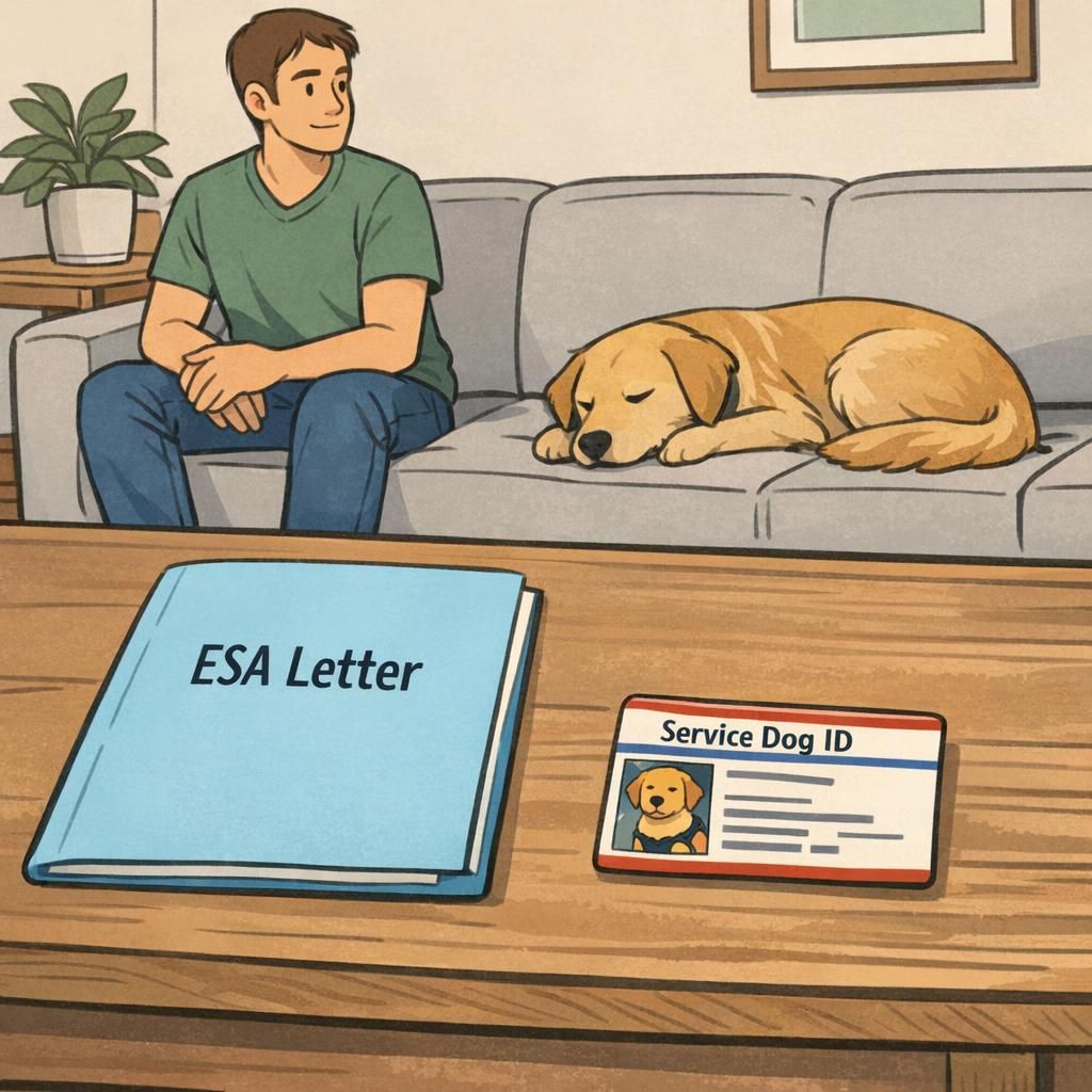 Adult handler seated on a living-room sofa with a calm dog at their side, a coffee table displaying an ESA letter folder and a service dog ID card to illustrate paperwork and identification for a support animal.
