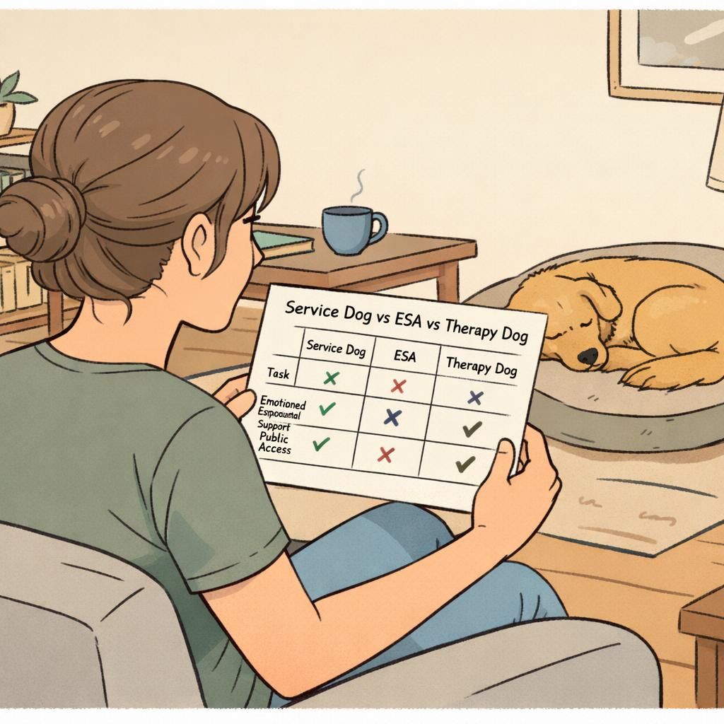 A person holds two labeled folders for Public Access and Housing next to a calm dog, visually comparing where service dogs and support animals apply.