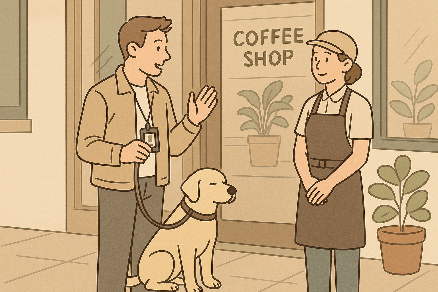 Handler at a coffee shop entrance calmly speaking with staff while their dog sits calmly at their side, illustrating respectful public-access interaction.
