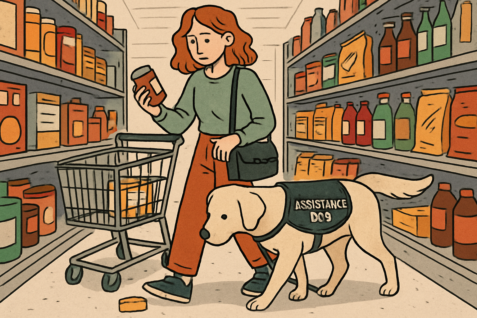 Assistance dog calmly heeling in a small grocery aisle, ignoring dropped food and demonstrating public access skills under the handler's guidance.