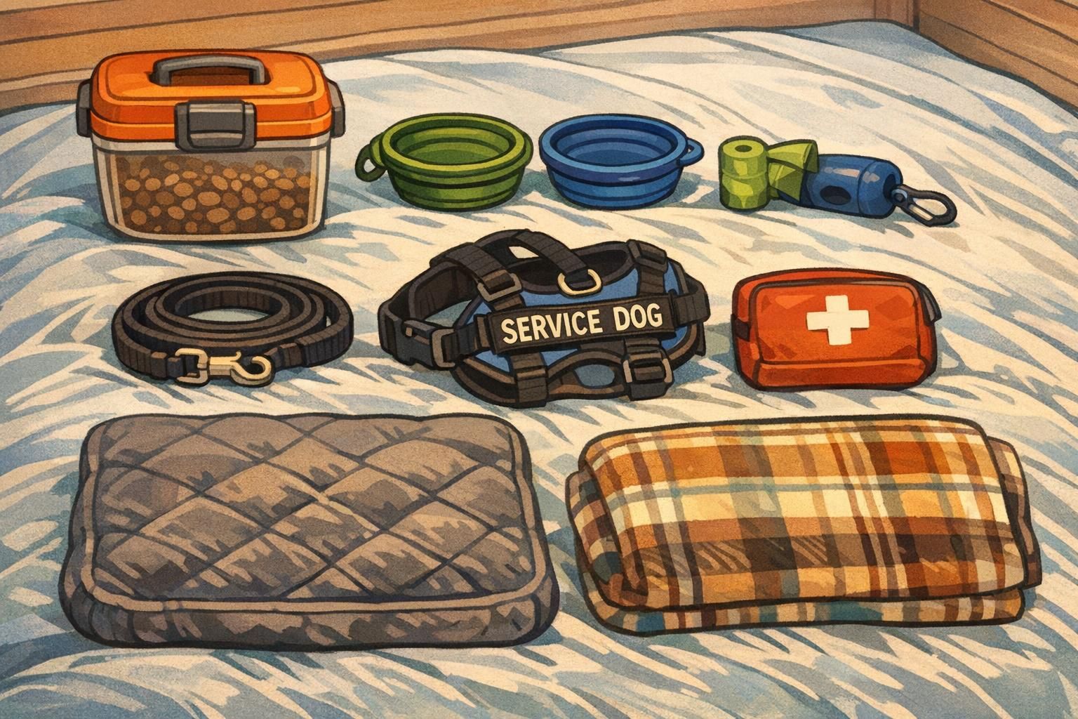 Neatly arranged travel kit for a working dog on a bed: food container, collapsible bowls, waste bags, leash and harness, first-aid pouch, and a blanket.