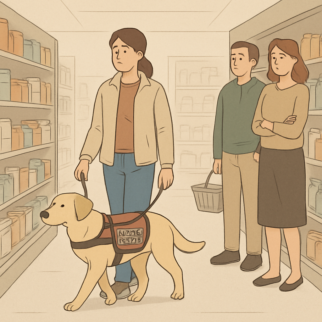 Handler walking through a grocery aisle with a service dog heeling closely while nearby shoppers glance over respectfully.