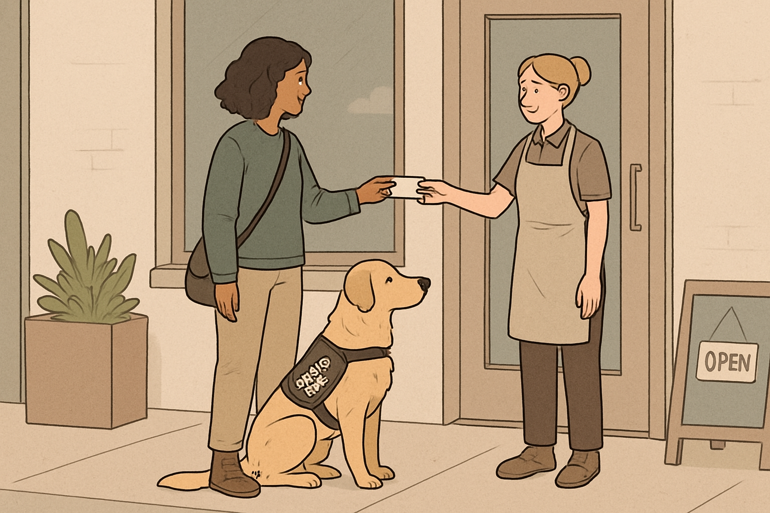 Handler handing a compact informational card to store staff while the service dog remains quietly at heel in the entrance area.
