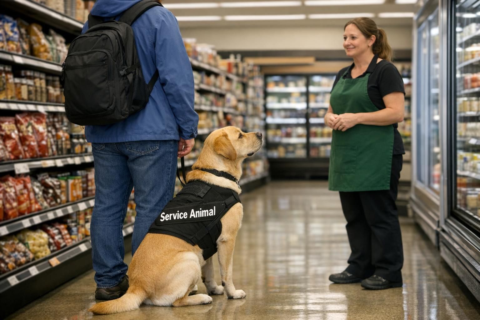 A calm service dog sits beside its handler in a grocery aisle as a store employee speaks politely from a respectful distance.